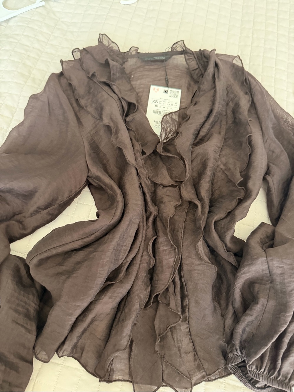 Zara Brown Ruffle-Front Semi-Sheer Blouse